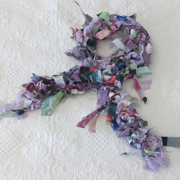 Handmade Accessories - Art Scarf Upcycled Mixed Media Lace Satin Cotton Lavender Floral